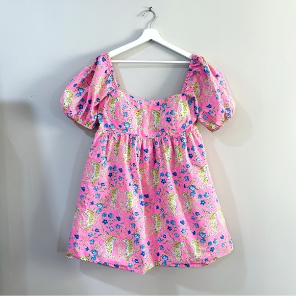 Lilly Pulitzer Puff Sleeve Pink Floral Leopard Dress Women’s 16 Fit & Flare - Picture 2 of 10